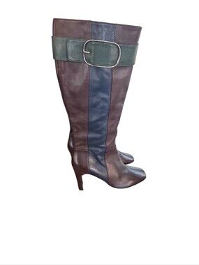 Geox Size 8 Women's High-Heel Leather Knee Boots with Green Buckle Strap NEW